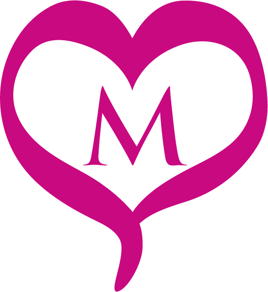 Hot pinkish-purple heart with an "I" in the center and a tail