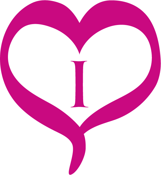 Hot pinkish-purple heart with an "I" in the center and a tail