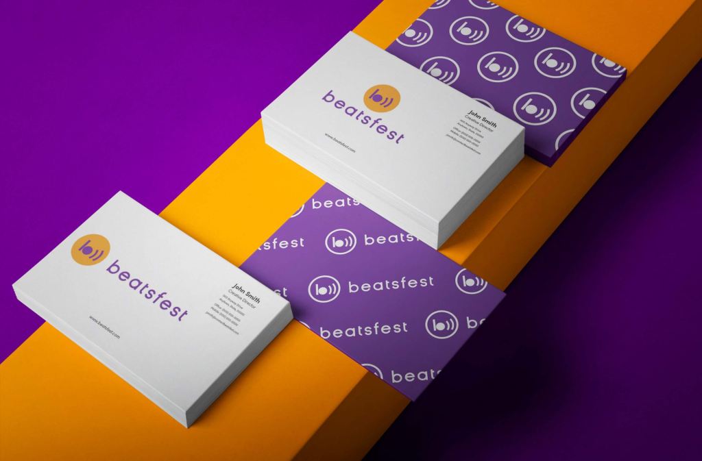 Beatsfest Brand Identity business card with logo in orande and purple color theme