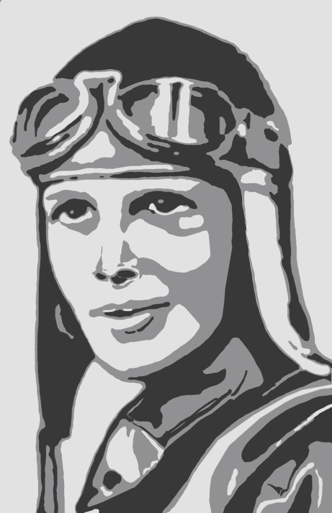 Gray-tone illustration of Amelia Earhart in her flight outfit