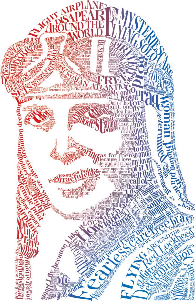 Red and blue gradient typography portrait of Amelia Earhart in her flight outfit