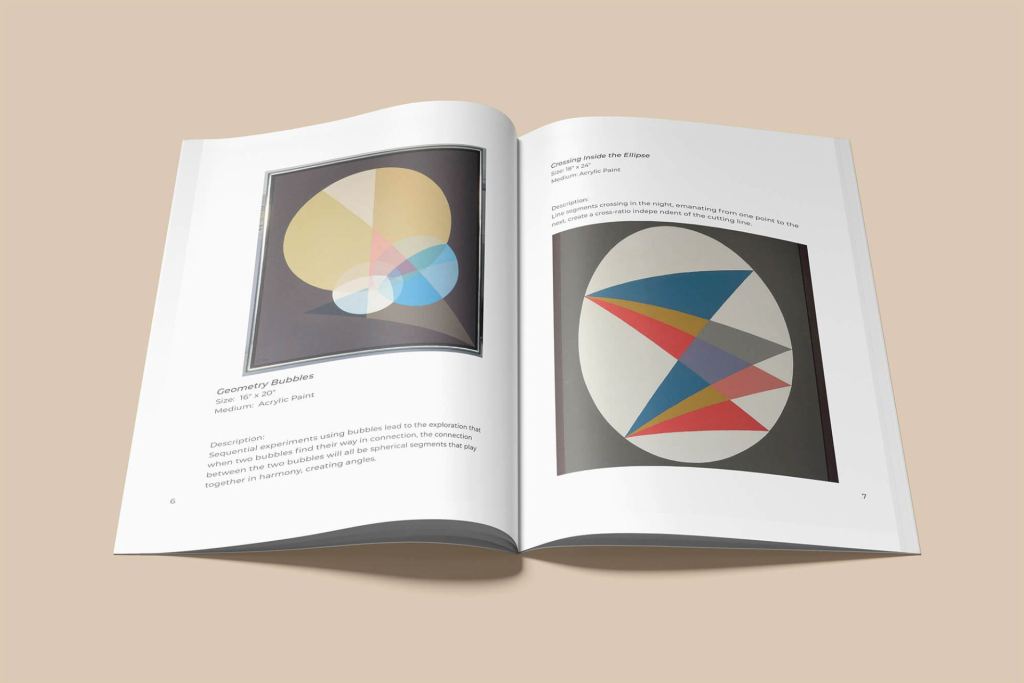Two pages of the museum exhibition Art Talk catalog show geometric artwork with one frame of geometric shapes in an ice cream cone form with pastel yellow and blue circles and the other frame of zig-zag dark red, deep blue, and mustard yellow triangles in a white circle and black background