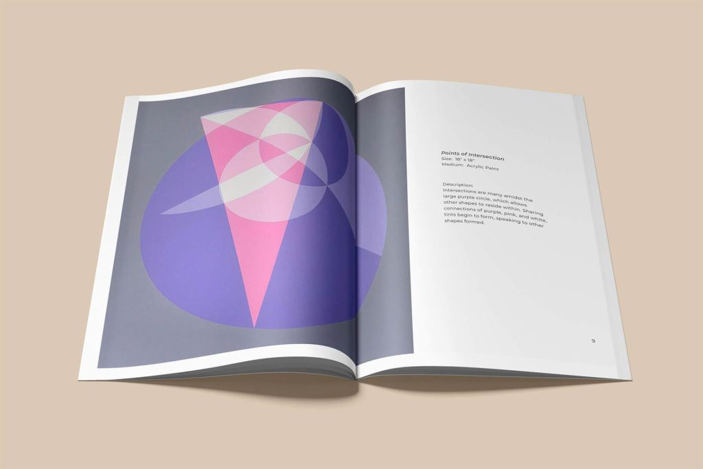 Museum exhibition Art Talk catalog pages showing a full-page artwork of purple and pink geometric bubbles and descriptions