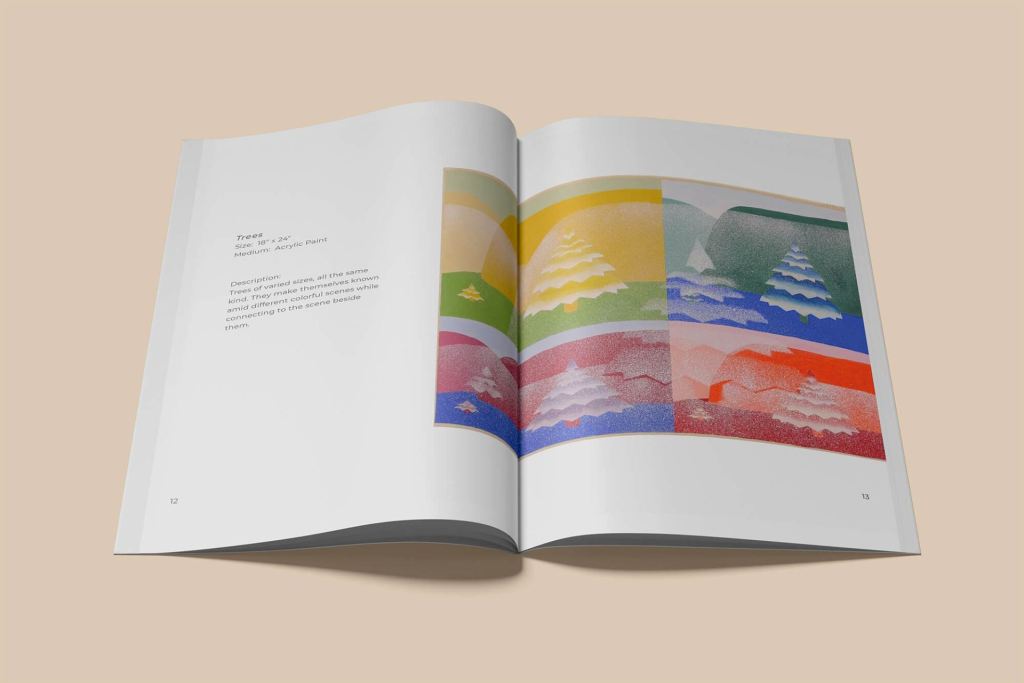 Museum exhibition Art Talk catalog pages one with descriptions of the art and the other with the artwork of colorful snow-covered geometric pine trees