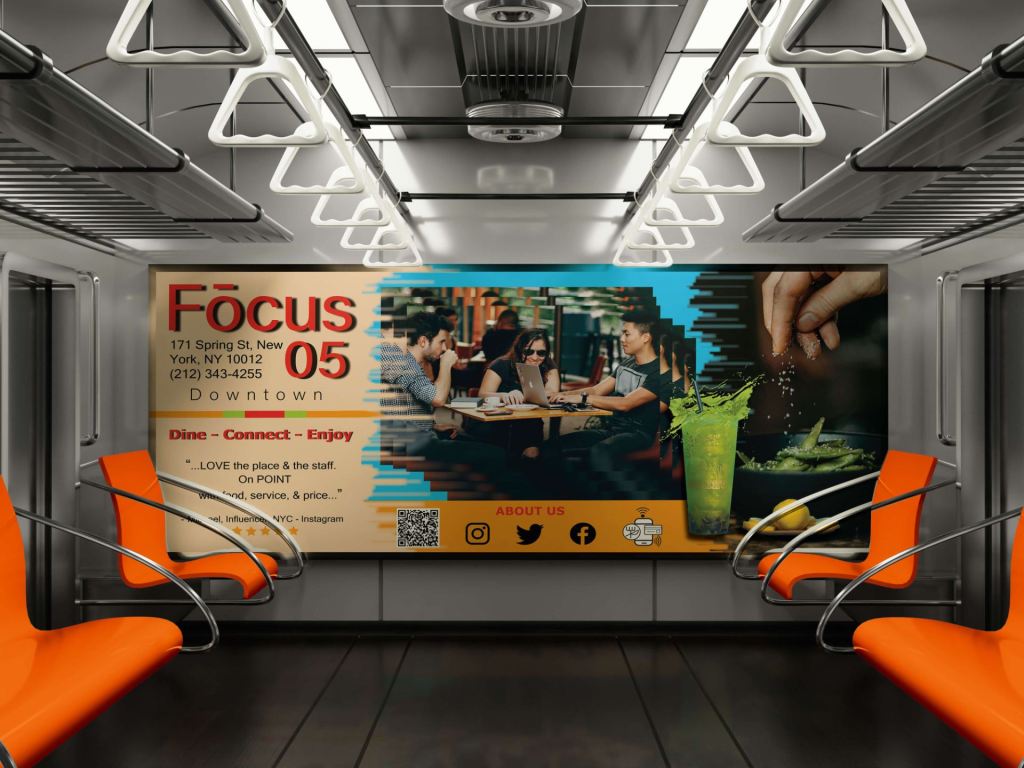 Subway Train Focus 05 restaurant advertisement screen in the back of the train with orange seating and metal handrails