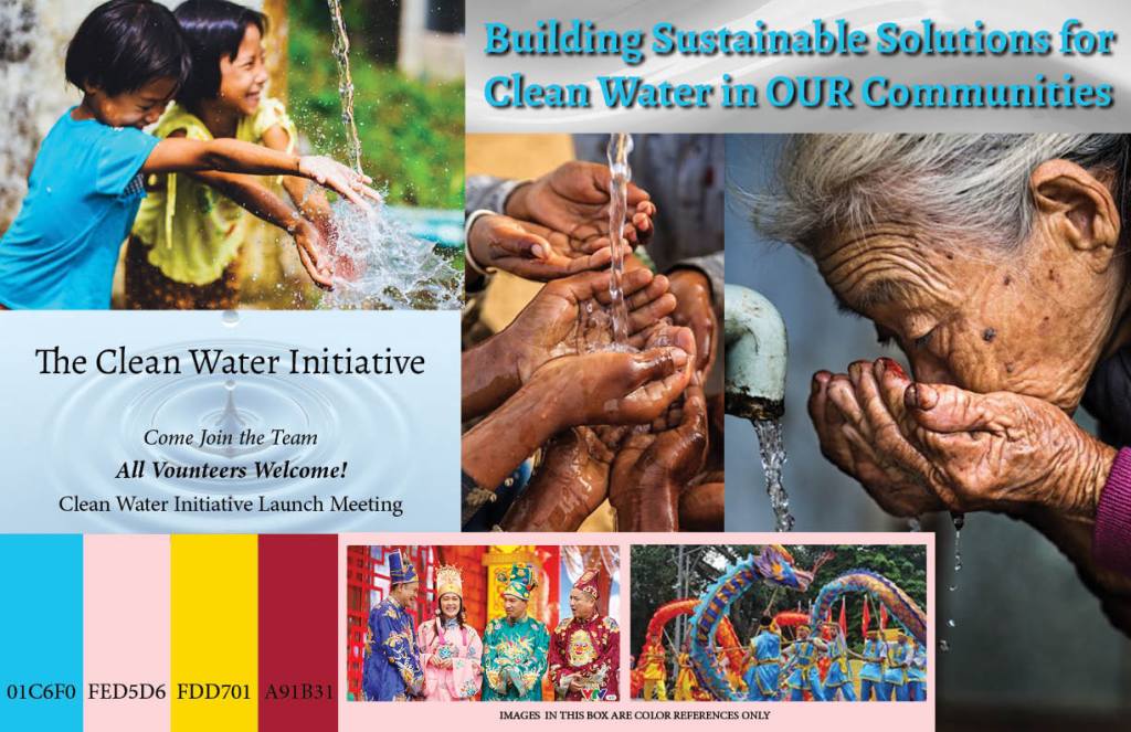 Vietnam flyer project mood board with images, typography, and a color palette of bright blue, yellow, rose pink, and deep red