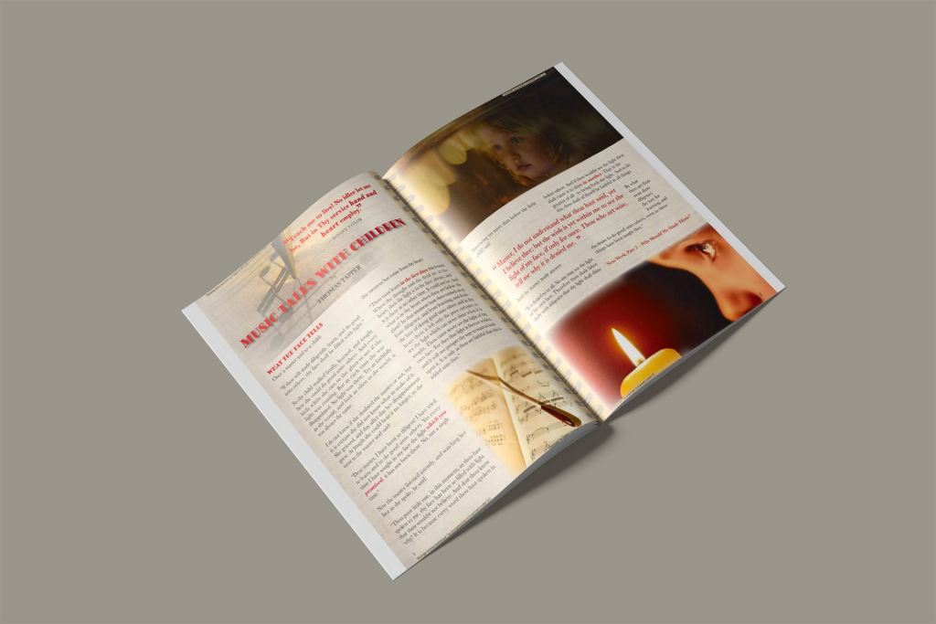 Music Talks with Children magazine article with images of an innocent blond hair girl's profile staring out, another with a child's eye staring at a candlelight, and images of music notes and sheets