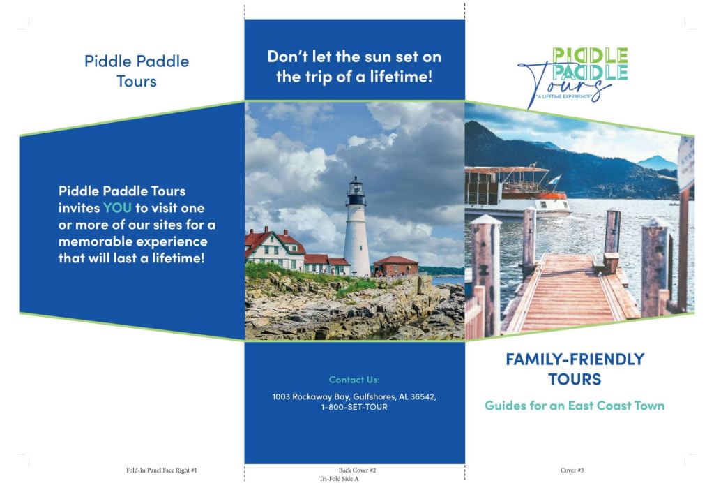 Piddle Paddle Tours tri-fold brochure outside panels printing marks with boat images near the dock and a lighthouse and homes on an island