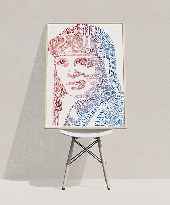 Red and blue gradient typography portrait of Amelia Earhart in her flight outfit