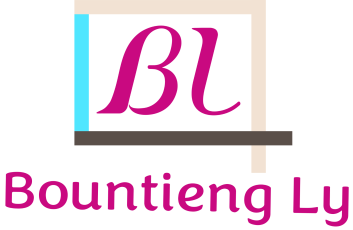 A pink stacked "BL" logo and pink name, Bountieng Ly, is surrounded by a blue, tan, and brown color frame.