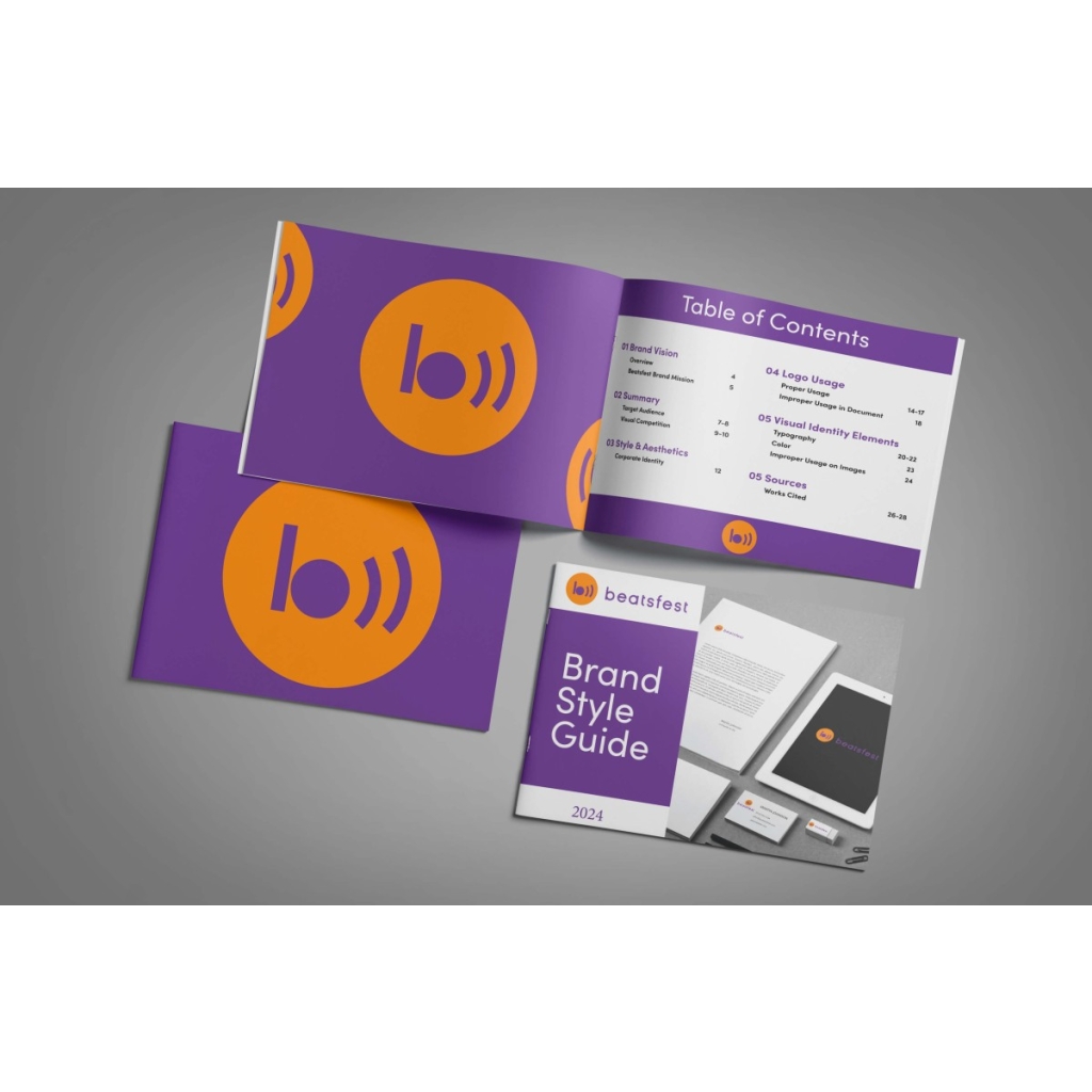 Beatsfest Brand Identity Style Guide scene with logo in orange and purple color theme