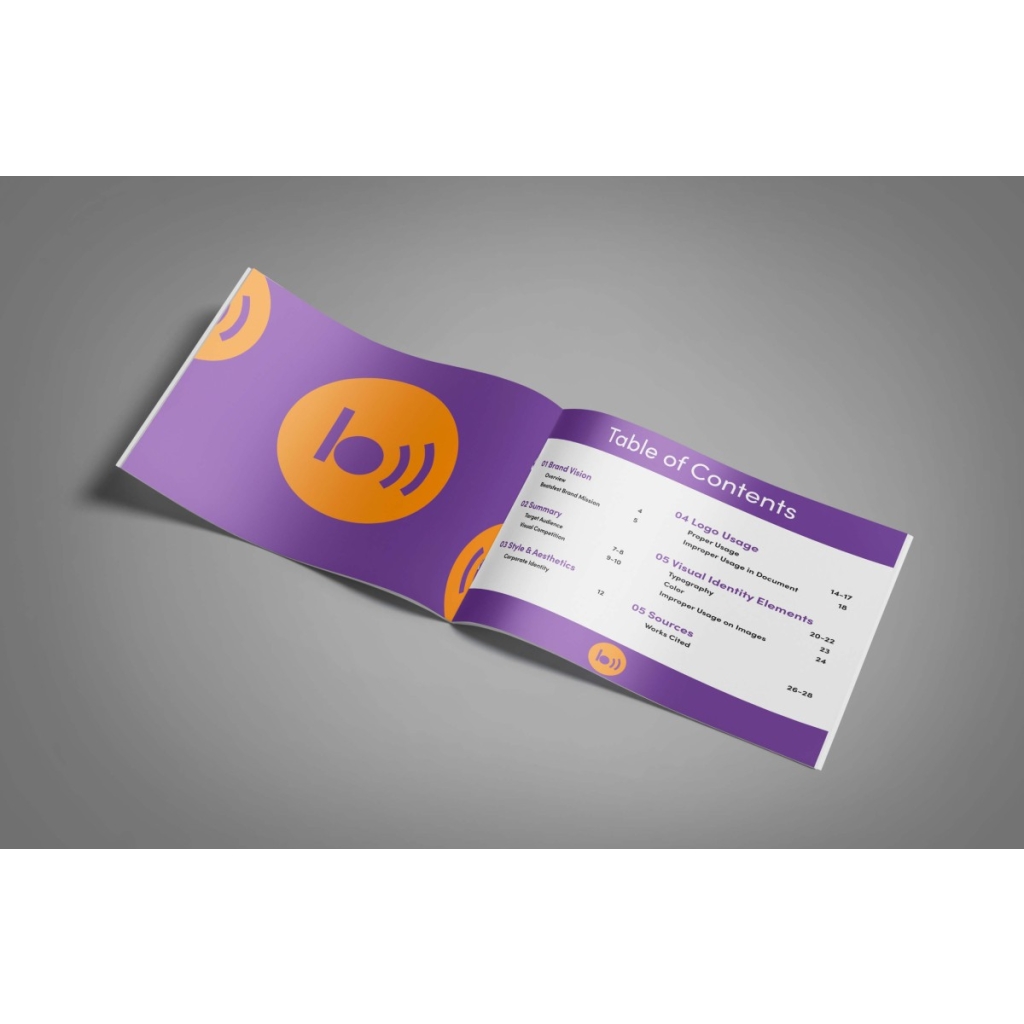 Beatsfest's brand style guide table of contents page with a white logo on a purple background