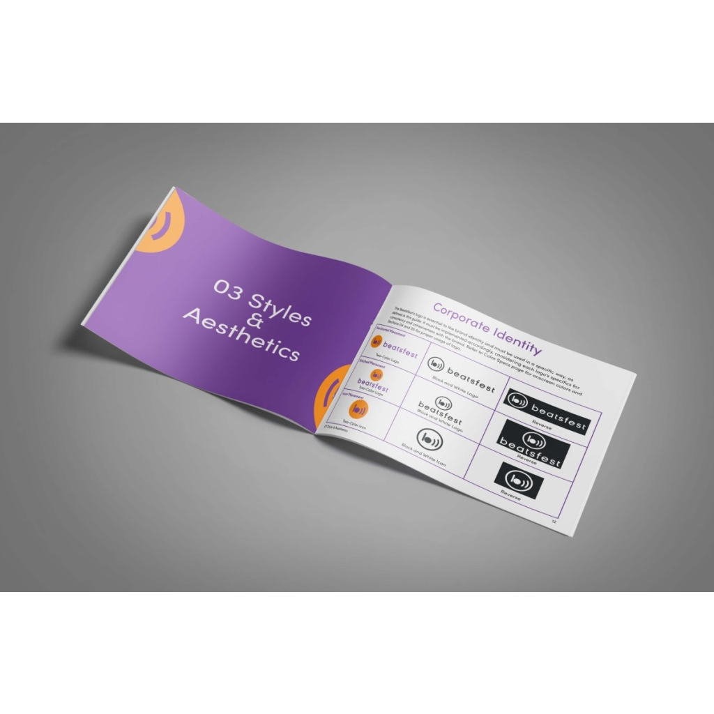 Beatsfest's brand style guide corporate identity page on a purple background