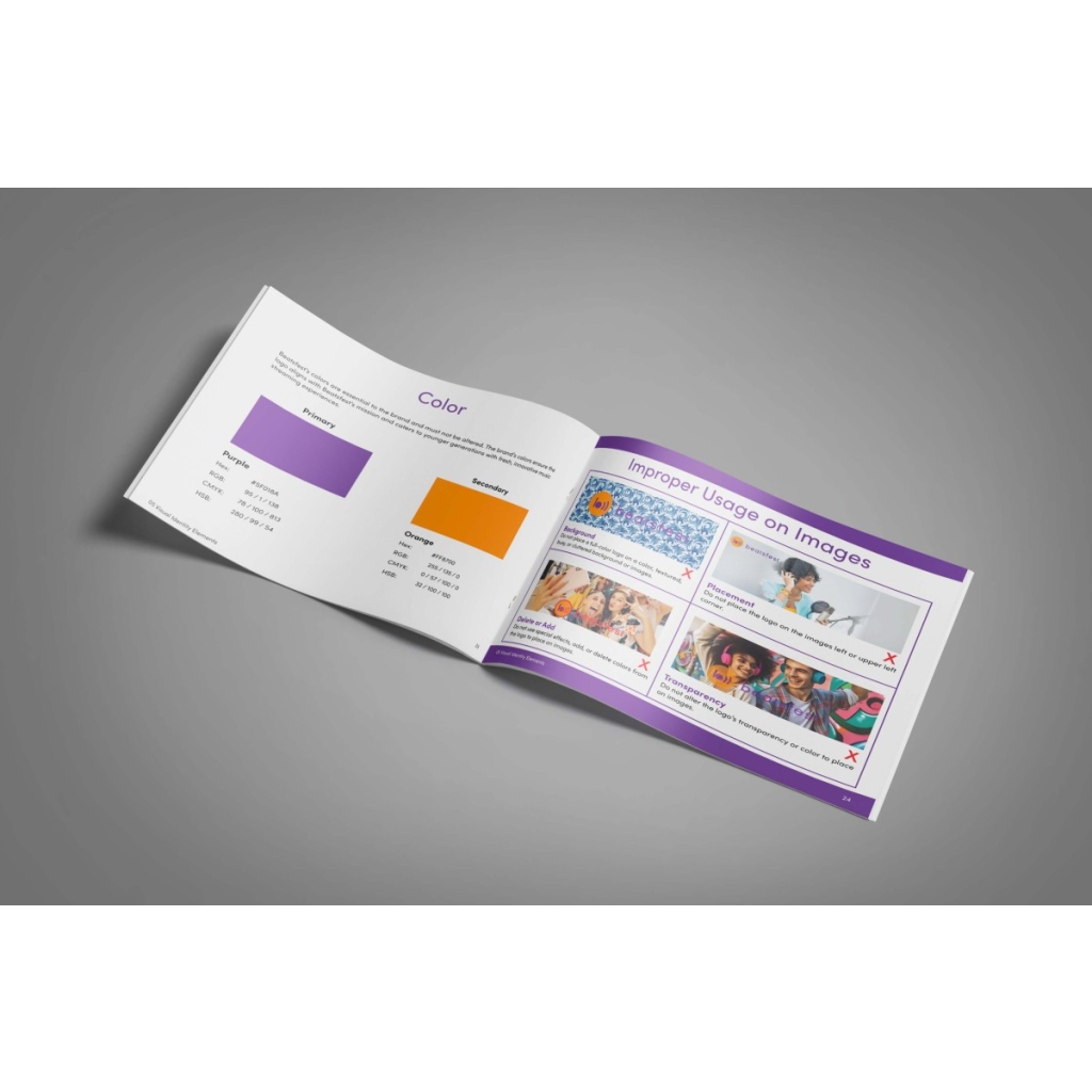 Beatsfest's brand style guide color and improper usage page on a purple background