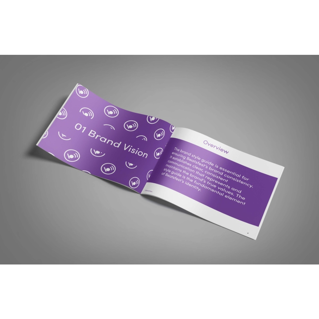 Beatsfest's brand style guide overview page on a purple background