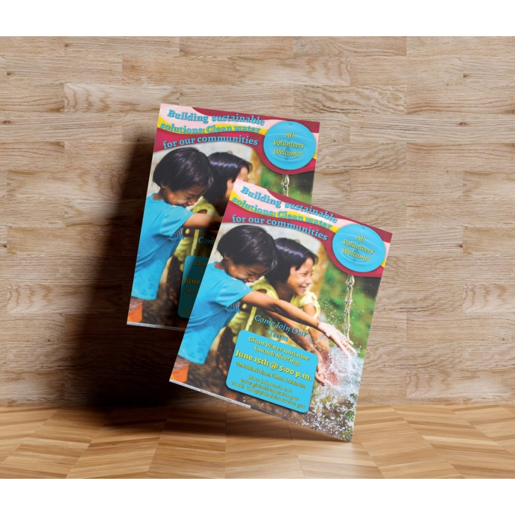 Global Clean Water Initiative Flyer of an Asian boy and girl extending their hands under running water.