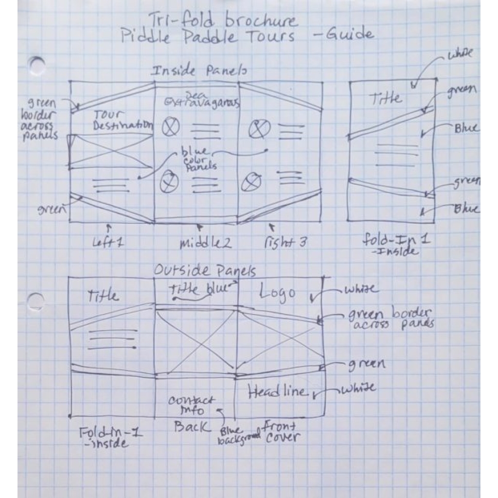 Piddle Paddle Tours brochure iteration sketches showing inside and outside panels.
