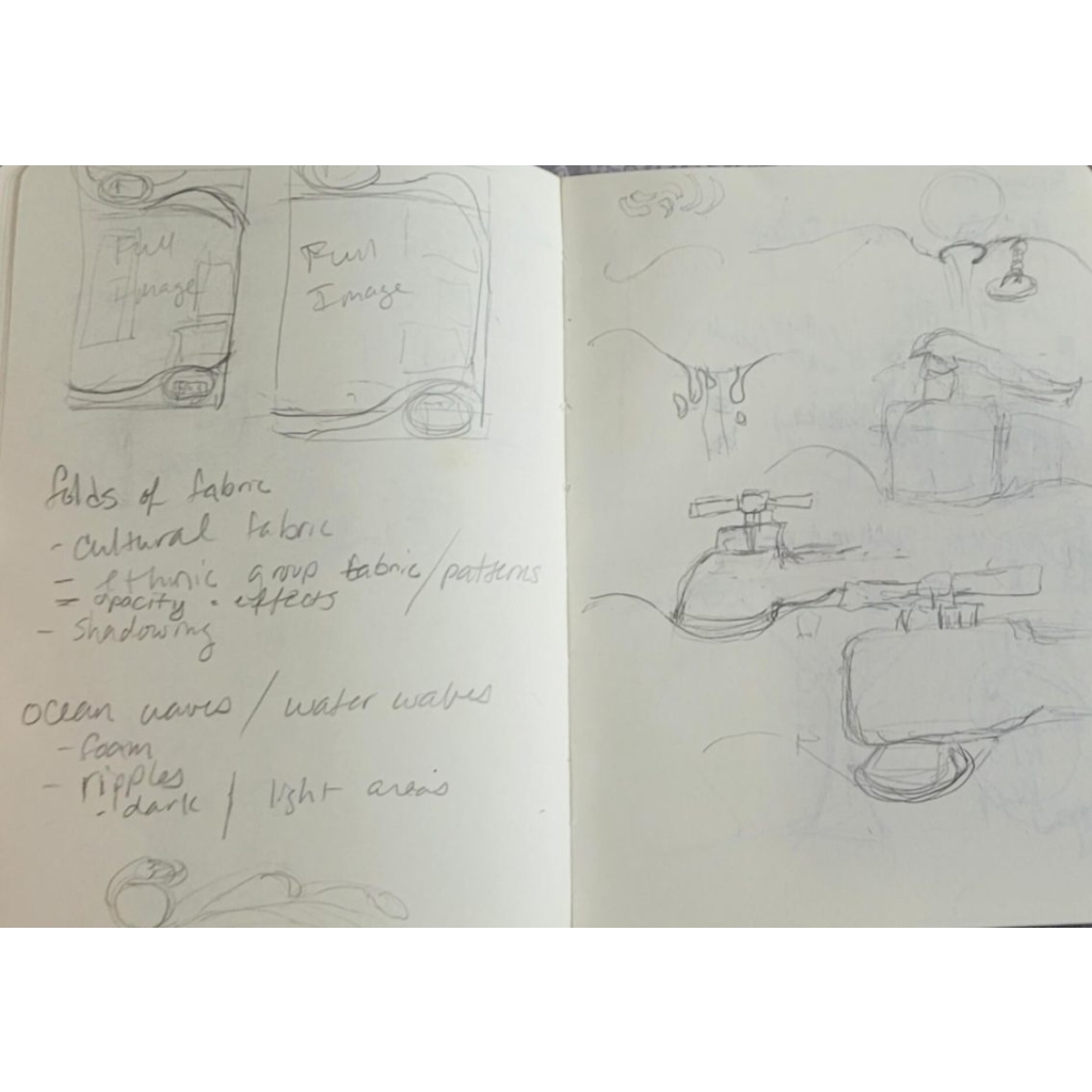 Rough sketches for Vietnam clean water iteration of swirls, circles, faucets, and running water.